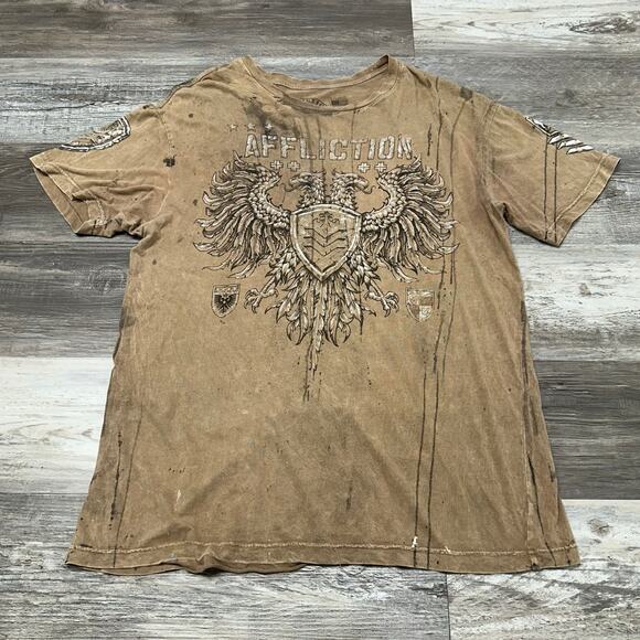 Affliction Tan Black Mens XL Wings Coat of Arms Mallgoth Tattoo T-Shirt CyberY2K - Picture 2 of 8